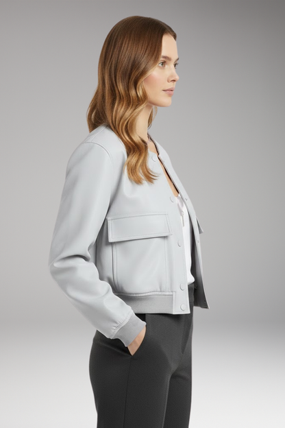 Women's Bomber Jacket Button Closure Pockets
