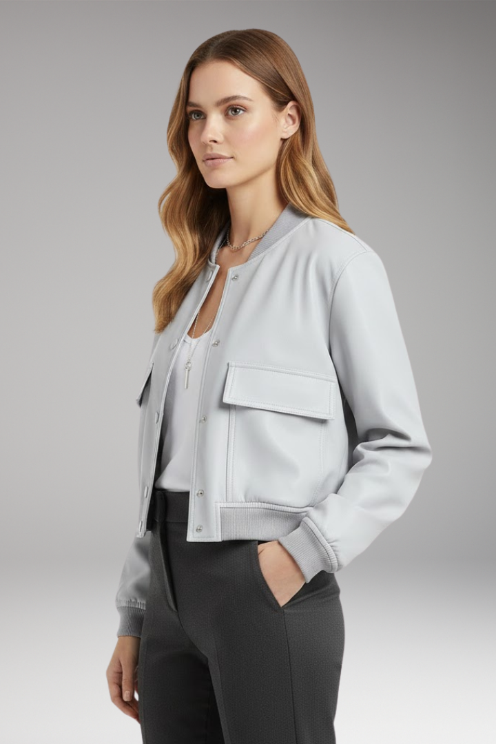 Women's Bomber Jacket Button Closure Pockets