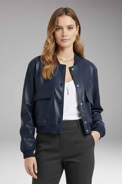 Women's Bomber Jacket Button Closure Pockets
