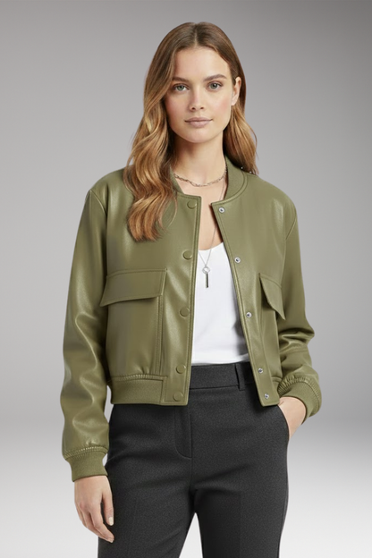 Women's Bomber Jacket Button Closure Pockets
