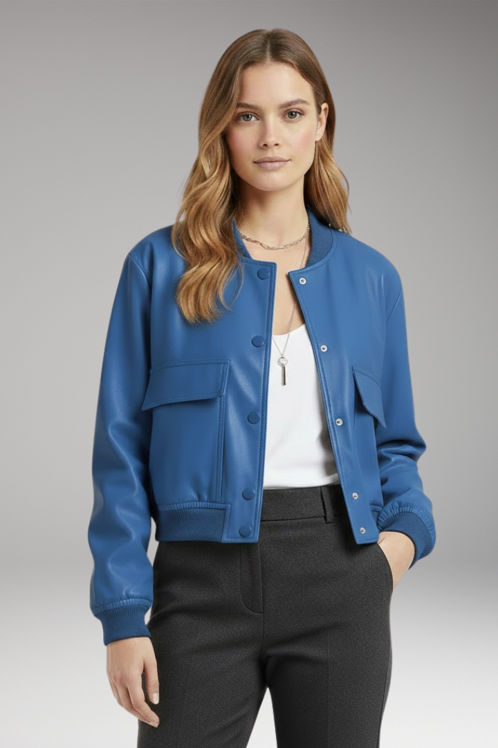 Women's Bomber Jacket Button Closure Pockets