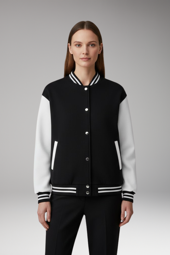 Women's Bomber Jacket Contrast Sleeves Snap Button Black