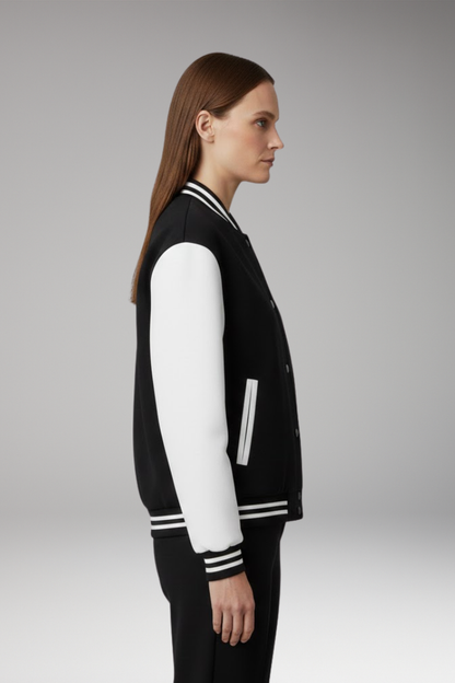 Women's Bomber Jacket Contrast Sleeves Snap Button Black