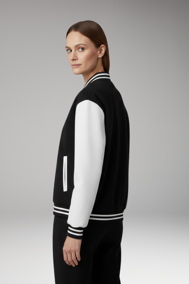 Women's Bomber Jacket Contrast Sleeves Snap Button Black