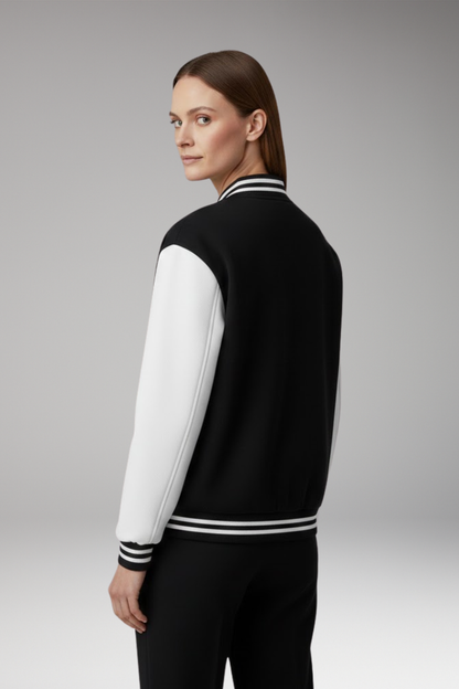 Women's Bomber Jacket Contrast Sleeves Snap Button Black