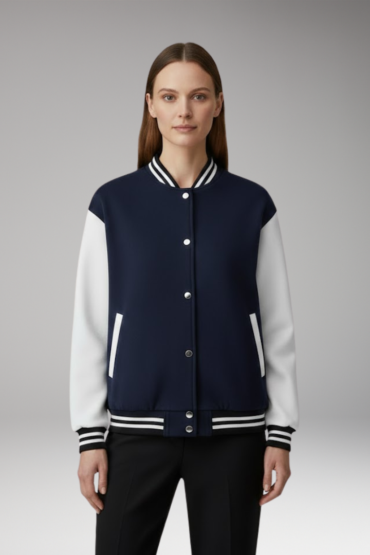 Women's Bomber Jacket Contrast Sleeves Snap Button Black