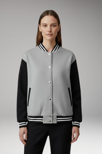 Women's Bomber Jacket Contrast Sleeves Snap Button Black