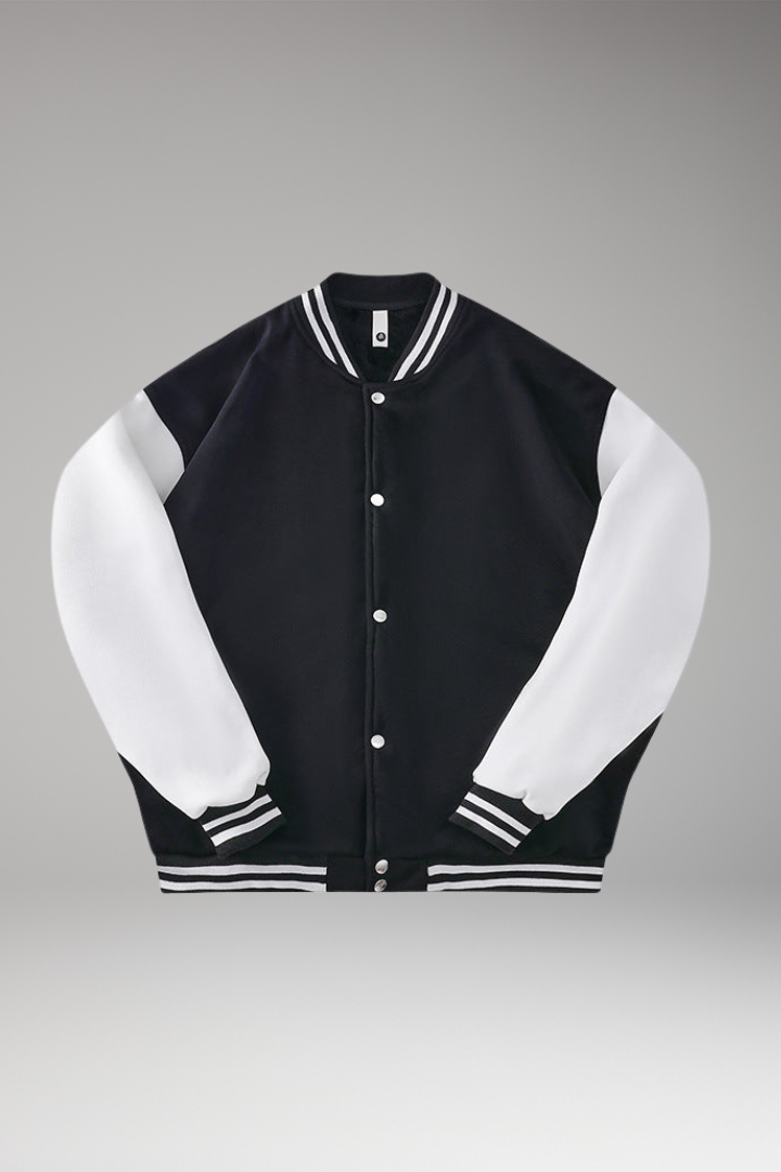Women's Bomber Jacket Contrast Sleeves Snap Button Black - 
Fashinoza