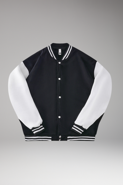 Women's Bomber Jacket Contrast Sleeves Snap Button Black - 
Fashinoza