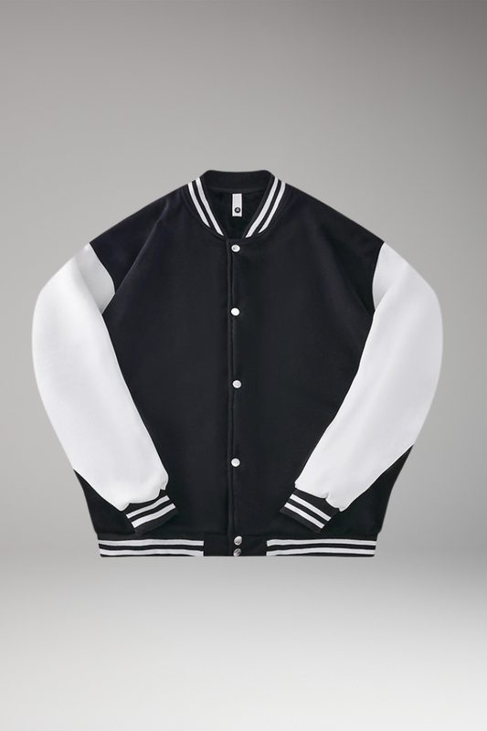 Women's Bomber Jacket Contrast Sleeves Snap Button Black - 
Fashinoza