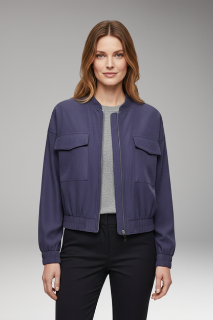 Women's Bomber Jacket Elastic Waist Patch Pockets