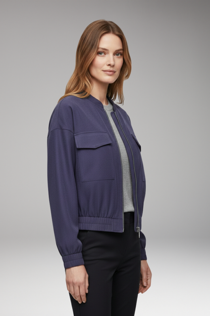 Women's Bomber Jacket Elastic Waist Patch Pockets
