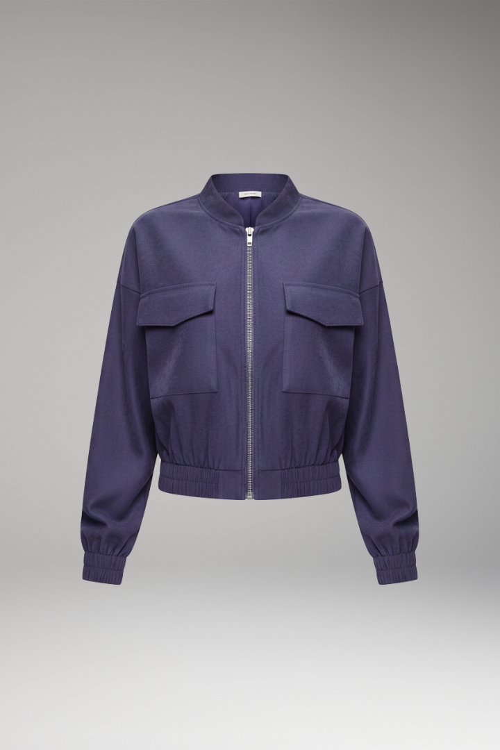 Women's Bomber Jacket Elastic Waist Patch Pockets - 
Fashinoza
