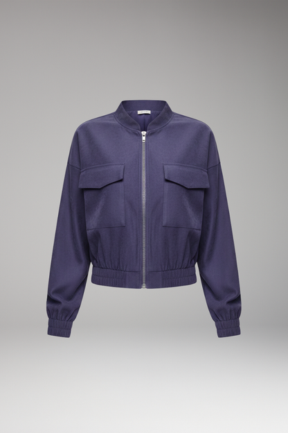 Women's Bomber Jacket Elastic Waist Patch Pockets - 
Fashinoza