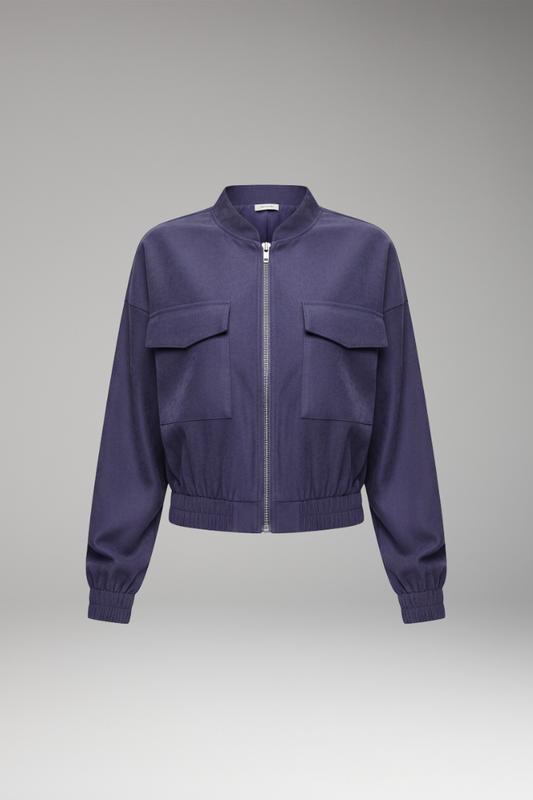 Women's Bomber Jacket Elastic Waist Patch Pockets - 
Fashinoza