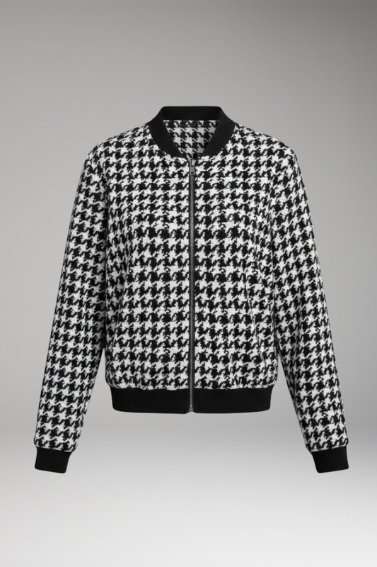 Women's Houndstooth Bomber Jacket Elastic Cuffs - 
Fashinoza