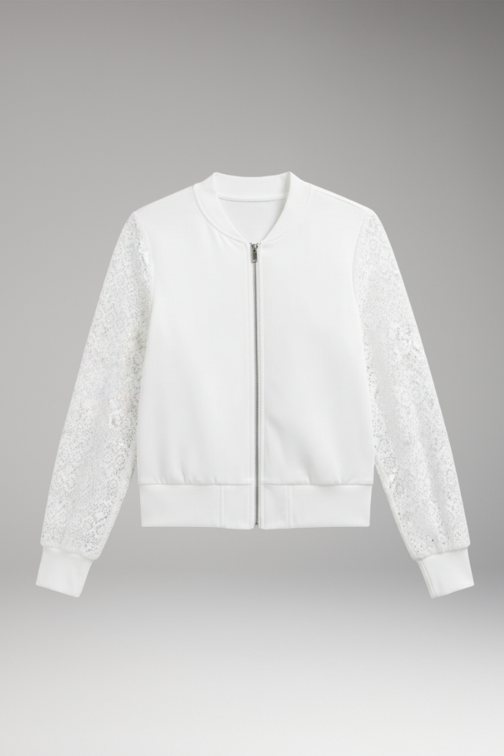 Women's Lace Sleeve Bomber Jacket Elastic Cuffs - 
Fashinoza