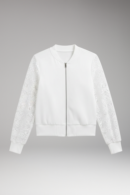 Women's Lace Sleeve Bomber Jacket Elastic Cuffs - 
Fashinoza
