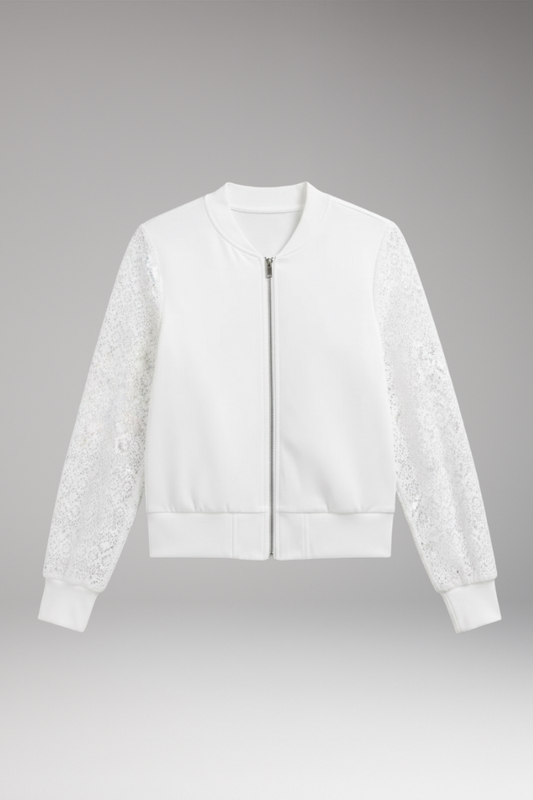 Women's Lace Sleeve Bomber Jacket Elastic Cuffs - 
Fashinoza