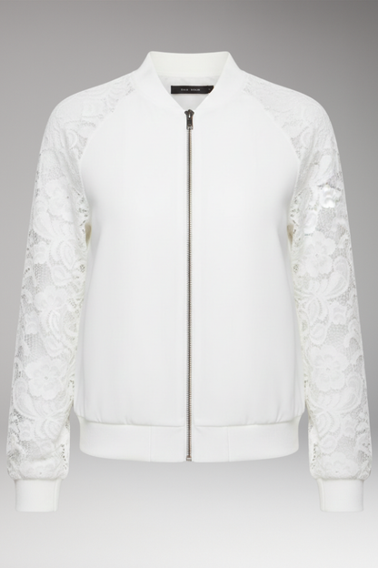 Women's Lace Sleeve Bomber Jacket Full Zipper - 
Fashinoza