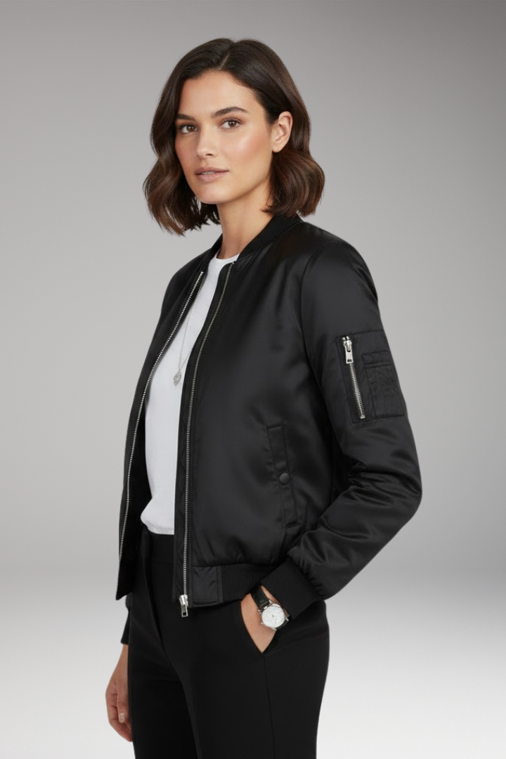 Women's Bomber Jacket Zip Front Round Neck