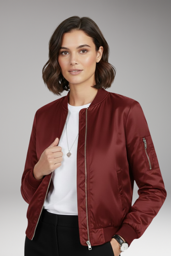 Women's Bomber Jacket Zip Front Round Neck