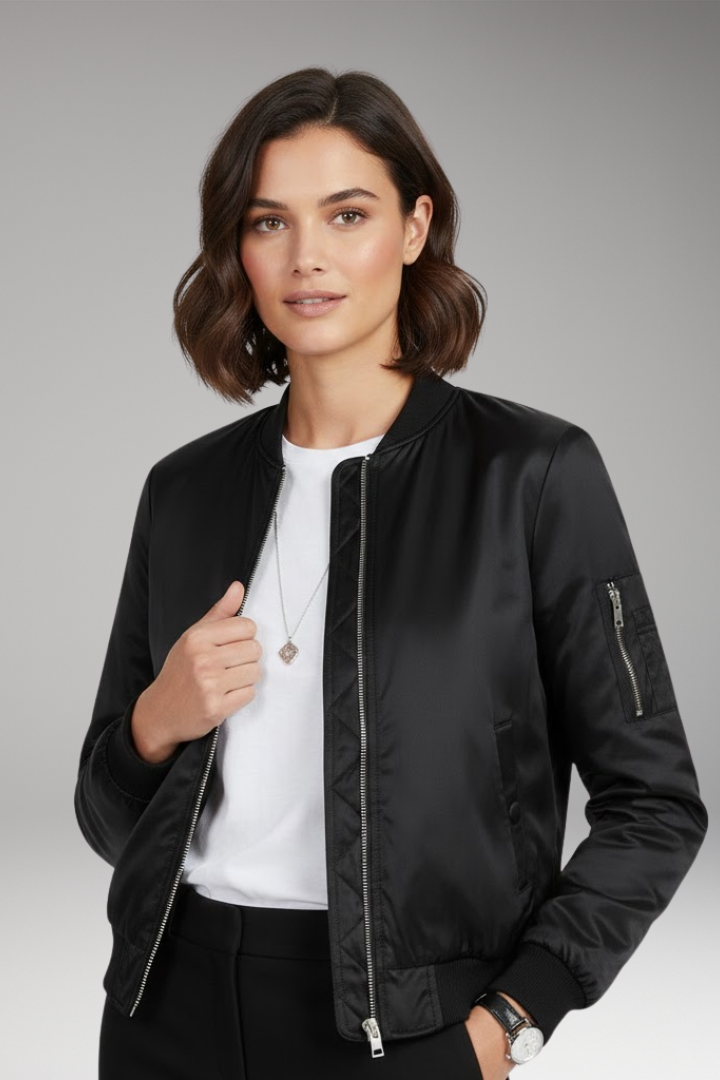 Women's Bomber Jacket Zip Front Round Neck