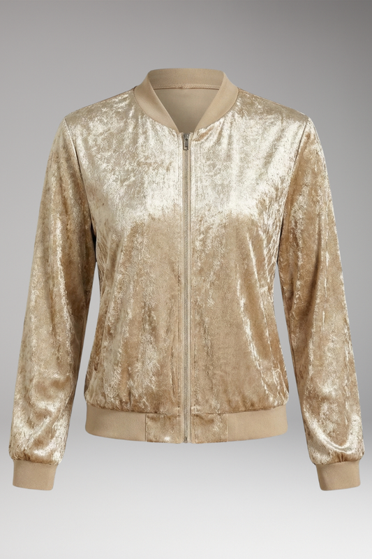 Women's Bomber Jacket Shiny Fabric Elastic Cuffs - 
Fashinoza