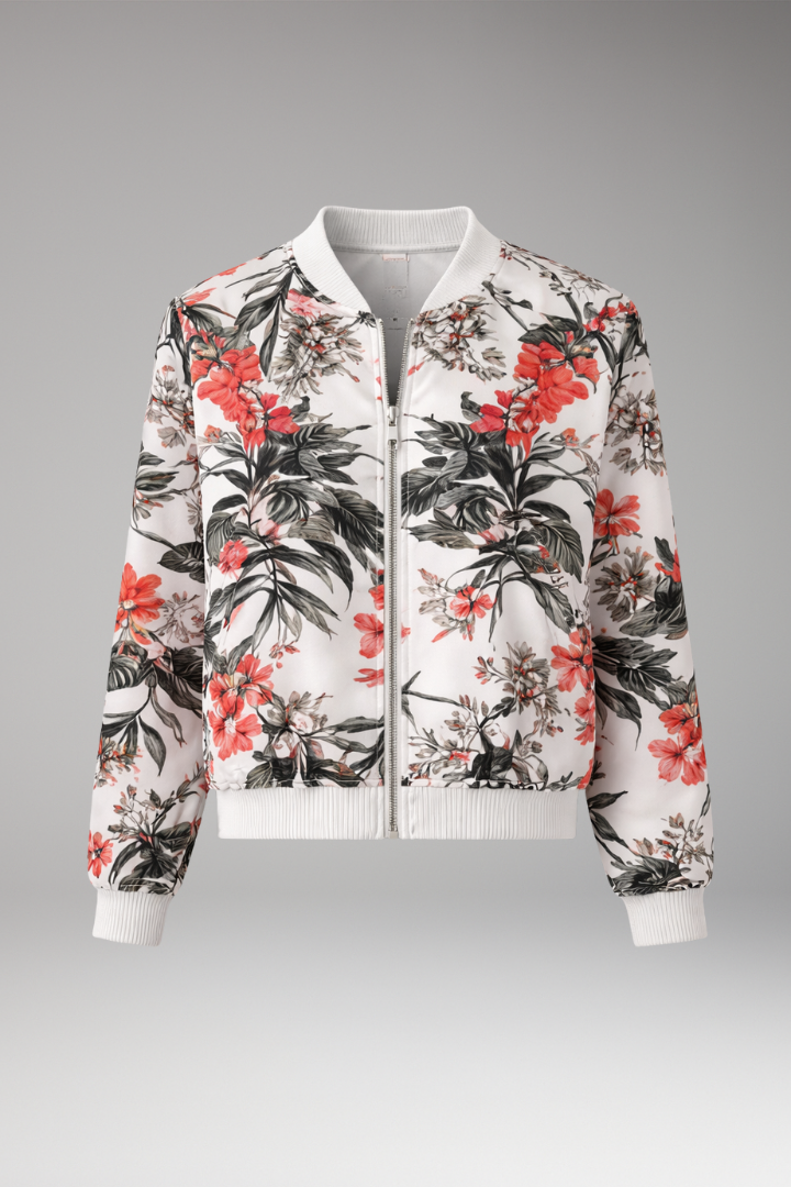 Women's Floral Bomber Jacket Zipper Closure - 
Fashinoza