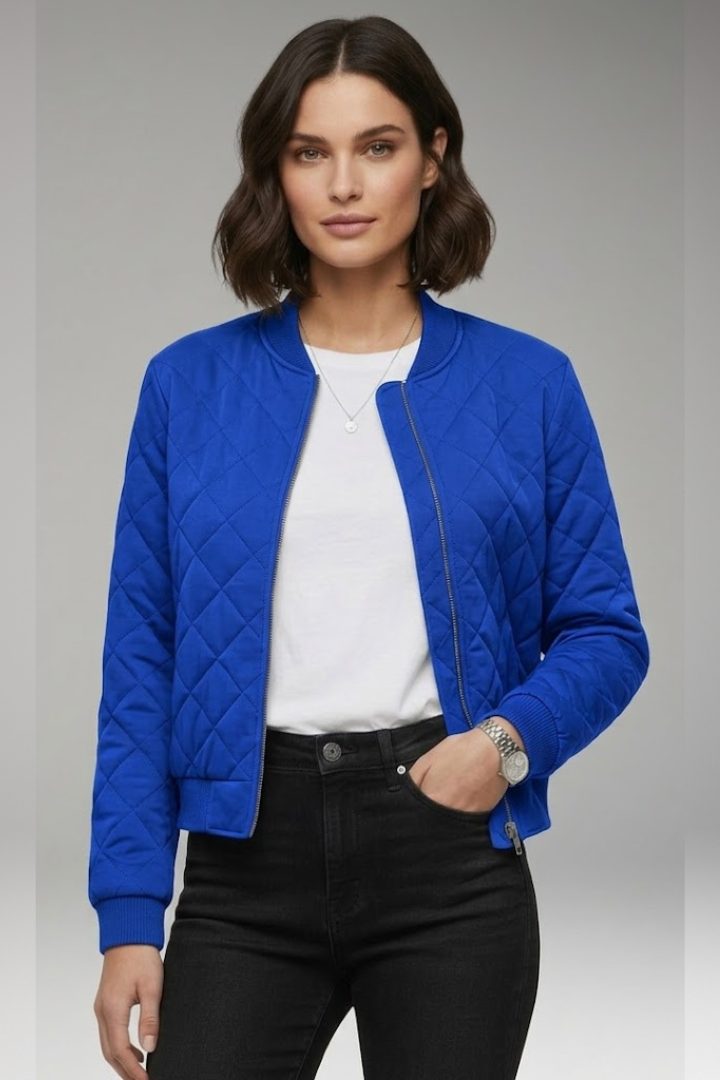 Women's Zipper Bomber Jacket Ribbed Details