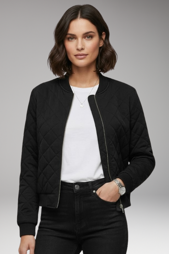 Women's Zipper Bomber Jacket Ribbed Details