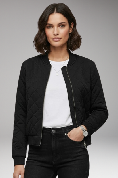 Women's Zipper Bomber Jacket Ribbed Details
