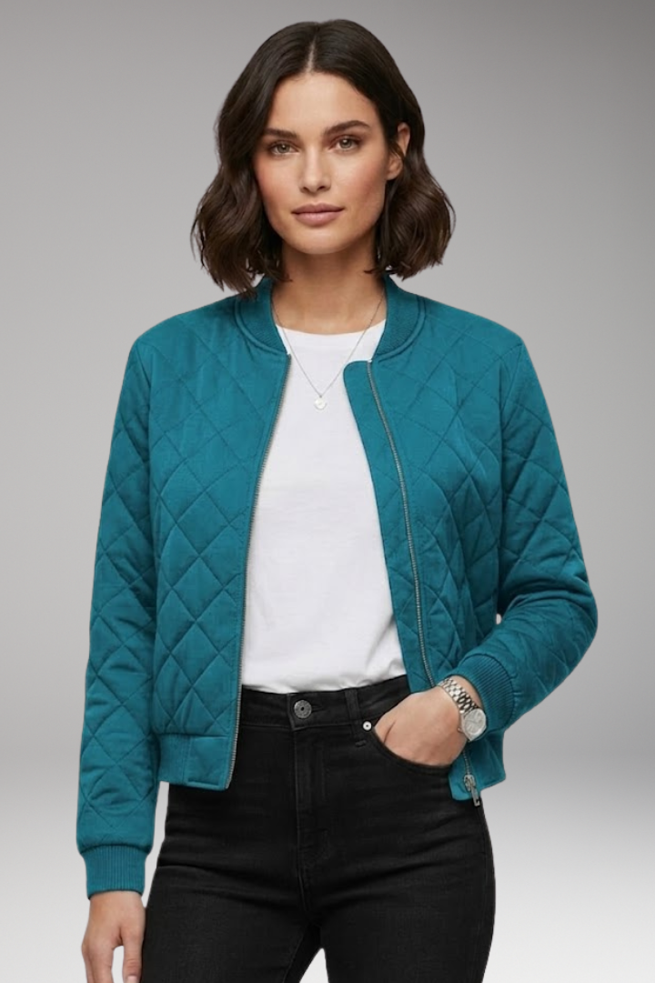 Women's Zipper Bomber Jacket Ribbed Details