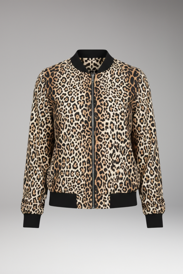 Women's Leopard Bomber Jacket Zipper Front - 
Fashinoza