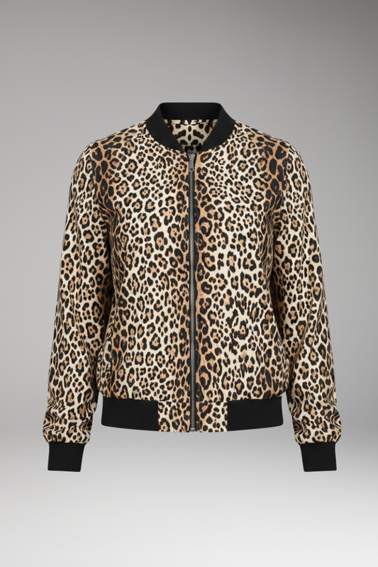 Women's Leopard Bomber Jacket Zipper Front - 
Fashinoza