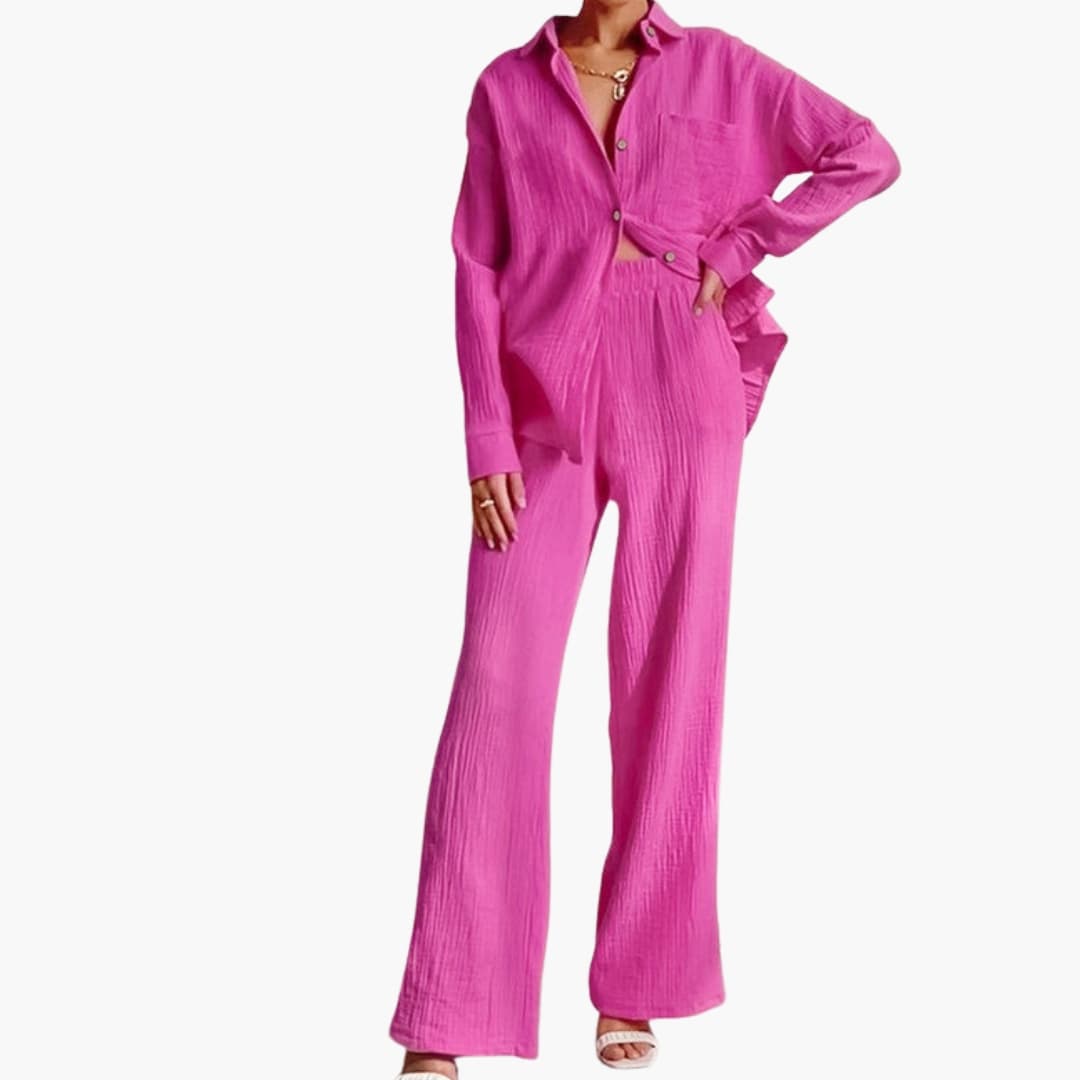 Women's Two-Piece Button-Down Shirt Wide Leg Pants Set - Fashinoza