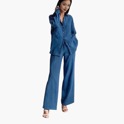 Women's Two-Piece Button-Down Shirt Wide Leg Pants Set