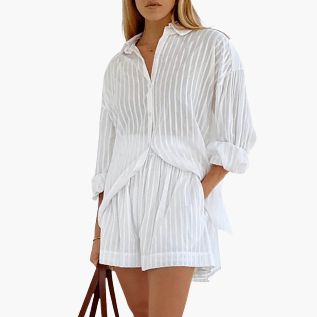 Women's Two-Piece Shorts Set Cotton Button-Down Wide Leg Pants