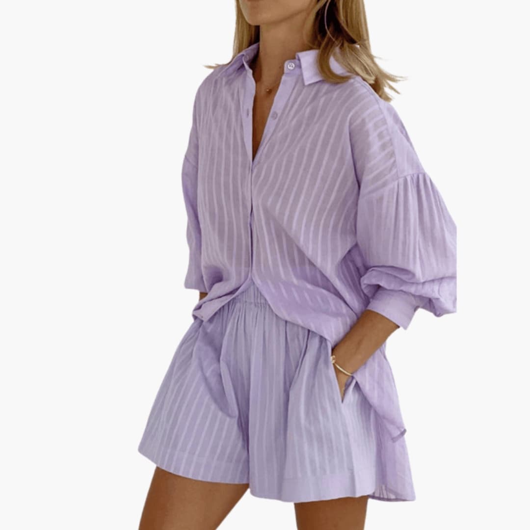 Women's Two-Piece Shorts Set Cotton Button-Down Wide Leg Pants - Fashinoza