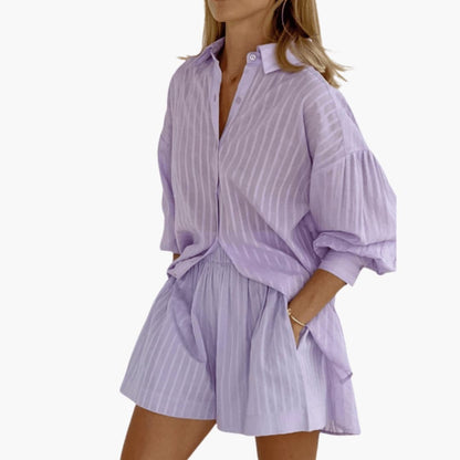 Women's Two-Piece Shorts Set Cotton Button-Down Wide Leg Pants - Fashinoza