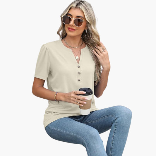 Women's Short Sleeve T-Shirt Button Detail - Fashinoza