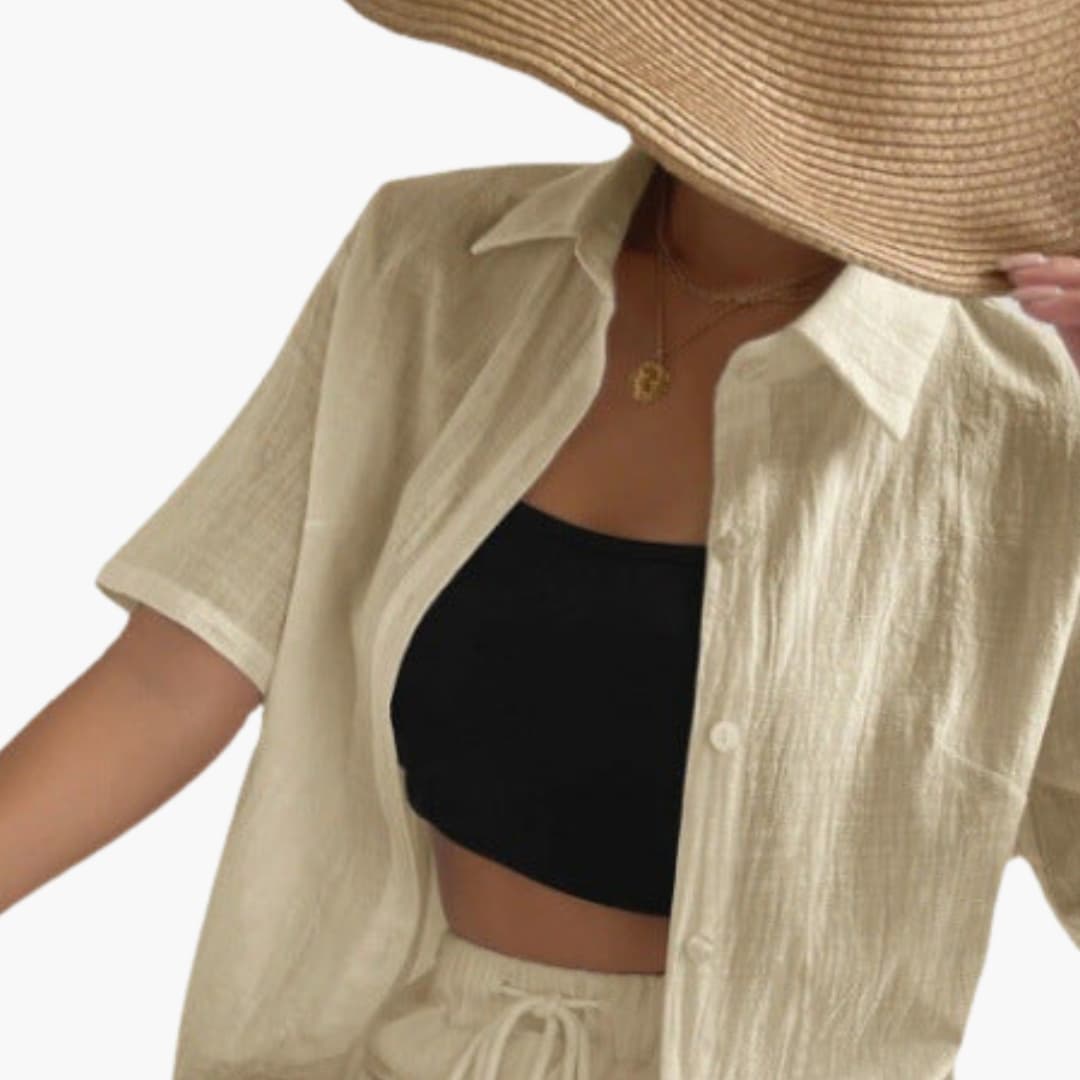 Women's Two-Piece Shorts Set Cotton Button Front - Fashinoza