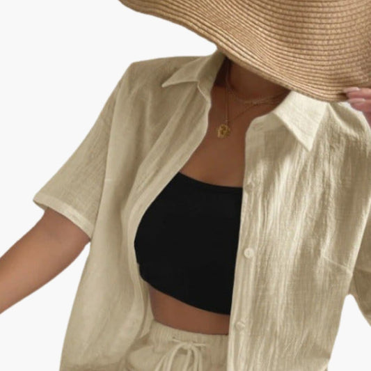 Women's Two-Piece Shorts Set Cotton Button Front - Fashinoza