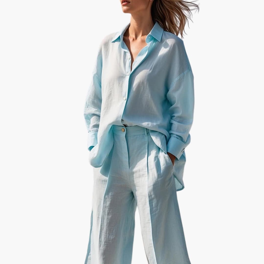 Women's Two-Piece Suit Button Front Shirt Wide Leg Pants - Fashinoza