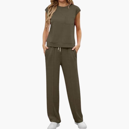 Women's Cap Sleeve Two Piece Set Round Neck Drawstring Pants