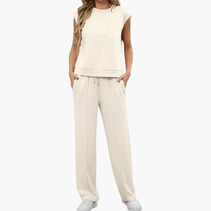Women's Cap Sleeve Two Piece Set Round Neck Drawstring Pants