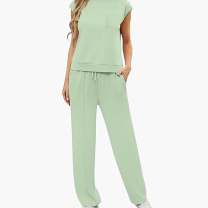 Women's Cap Sleeve Two Piece Set Round Neck Drawstring Pants