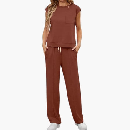 Women's Cap Sleeve Two Piece Set Round Neck Drawstring Pants
