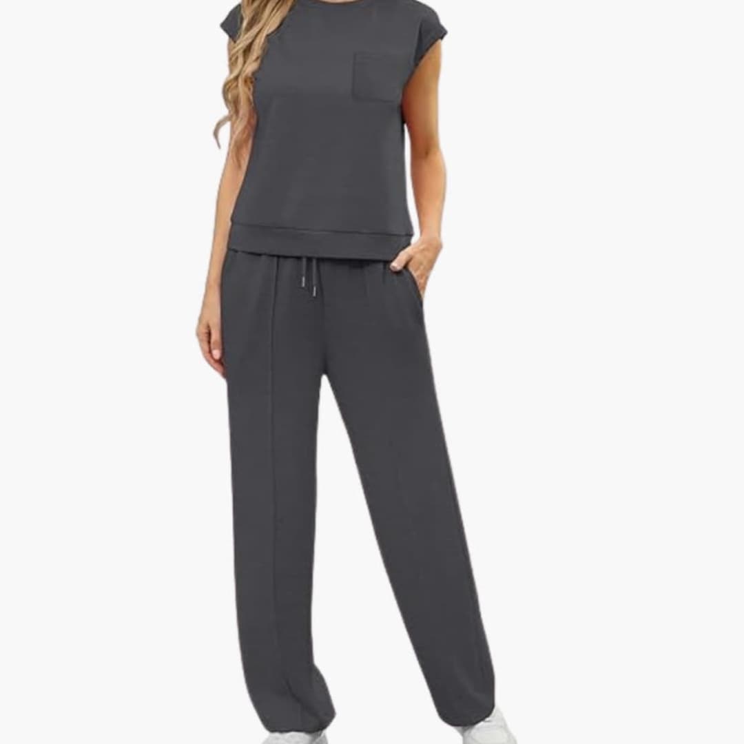 Women's Cap Sleeve Two Piece Set Round Neck Drawstring Pants