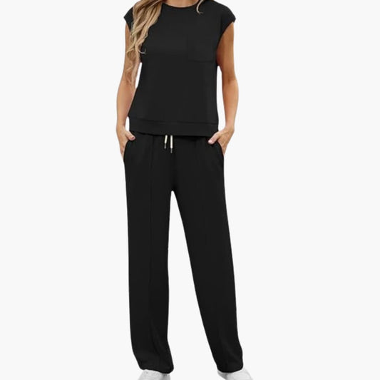 Women's Cap Sleeve Two Piece Set Round Neck Drawstring Pants - Fashinoza